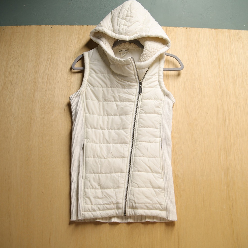 Artisan buttery NY Womens Off White Quilted Zip Sherpa Hooded Vest XS